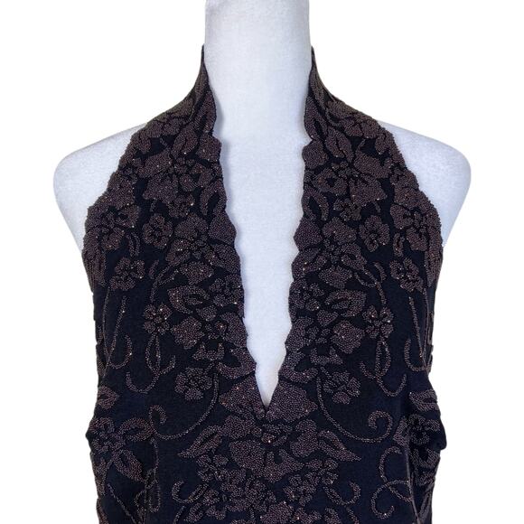 Tadashi Vtg Y2K Textured Beaded Halter Neck Top Pointed Hem Whimsygoth - Picture 2 of 16